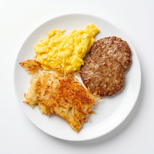 A white plate holds scrambled eggs, two sausage patties, and crispy hash browns.