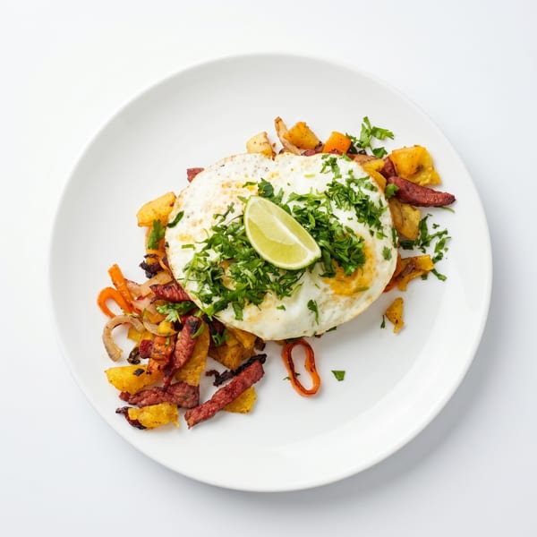 Fried egg with a lime wedge, cilantro, plantains, sausage, and peppers on a white plate.