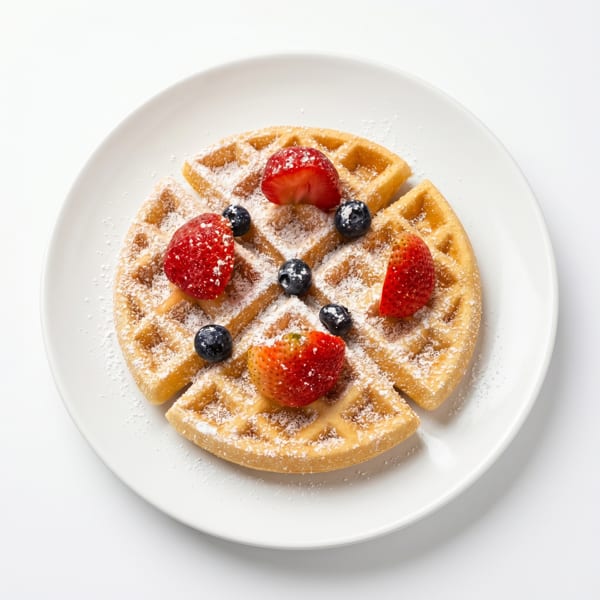 Round waffle with strawberries, blueberries, and powdered sugar on a white plate.